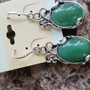 Natural Jade Stainless Steel  Silver and Green Earrings